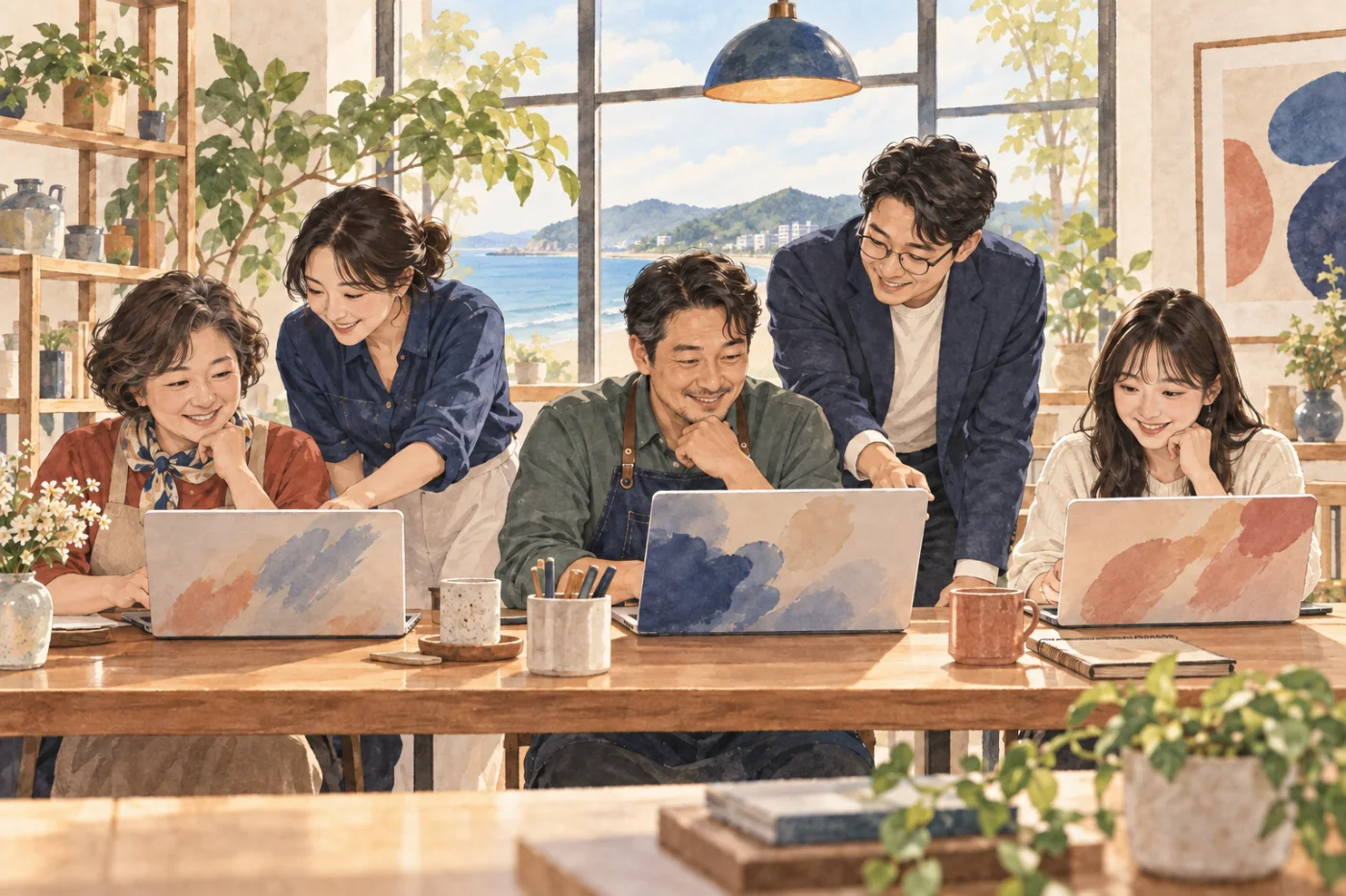 노트북을 펼친 사장님들 곁에서 강사 두 명이 함께 봐 주는 소규모 수업 일러스트